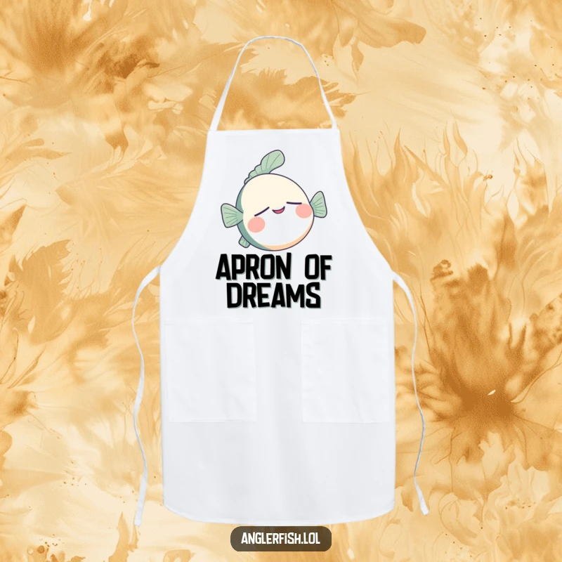 Funny anglerfish apron showing a sleepy anglerfish floating upside down with a contented smile, perfect for kitchen calm.