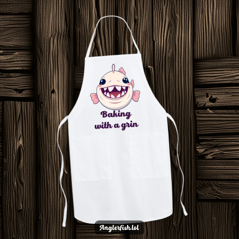 Funny Anglerfish Apron: A kitchen apron depicting a cheerful anglerfish with a wide smile and its tiny, shiny teeth.