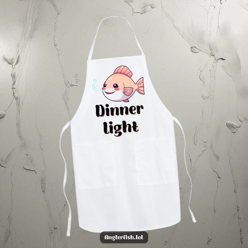 Funny Kawaii anglerfish apron showing a happy anglerfish with its bioluminescent lure shining, ready for a cooking session.