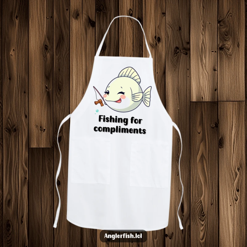 Funny Kawaii anglerfish apron featuring a cute anglerfish winking while holding a tiny fishing rod.
