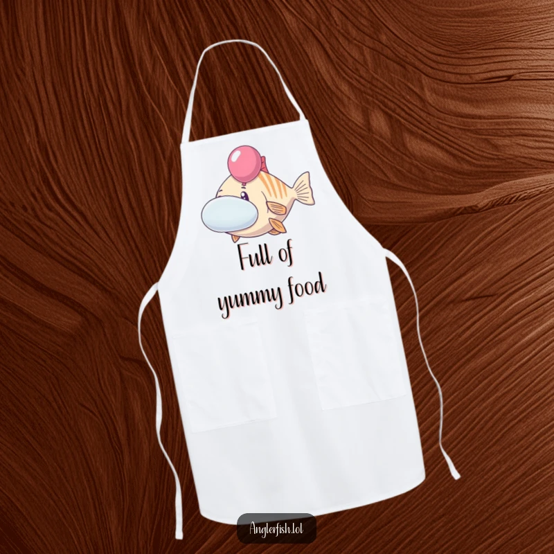 Funny anglerfish apron with a cheerful creature inflating its cheeks like balloons. Humorous and practical kitchen wear, perfect funny gift.