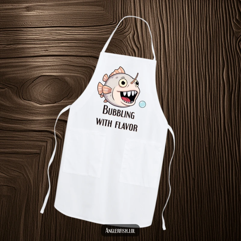 Funny anglerfish apron depicting a gaping, joyful mouth comically chasing a tiny bubble, a humorous kitchen companion.