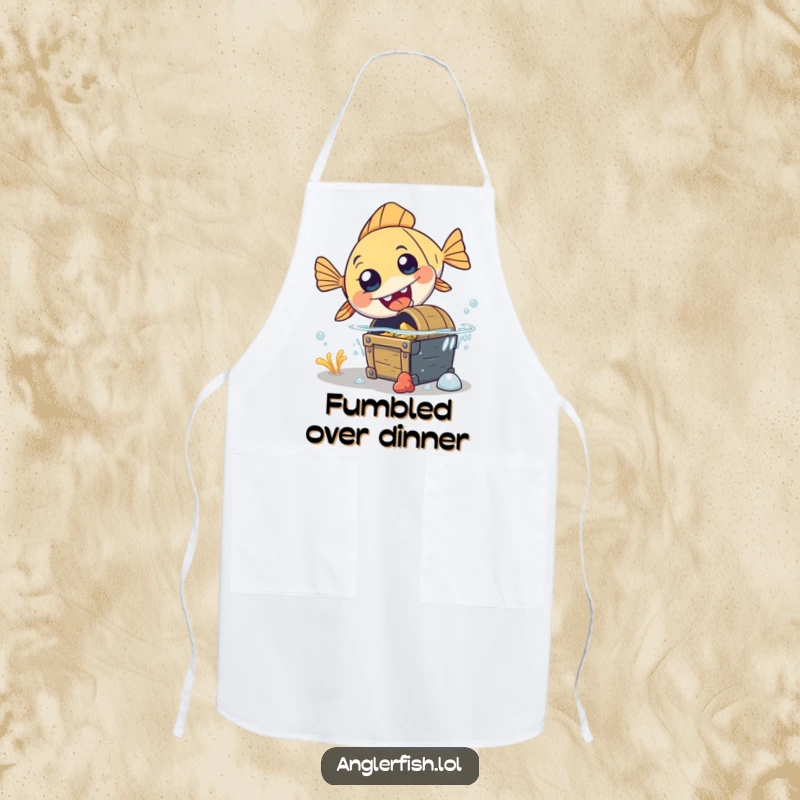 Funny anglerfish apron depicting a clumsy anglerfish tripping over a treasure chest, perfect for kitchen laughs.
