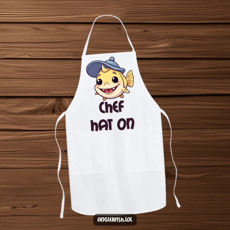 Funny anglerfish apron showing a creature with a silly grin wearing a comically large, goofy hat, practical for kitchen fun.