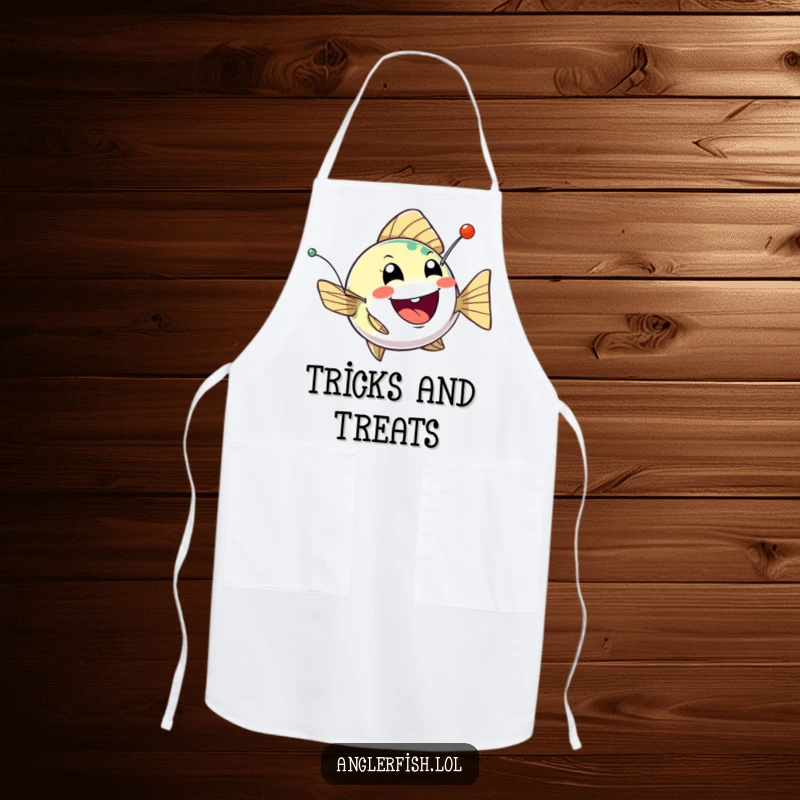 Funny anglerfish apron showing a cheerful creature bobbing with a twinkling, mischievous lure, perfect for playful kitchen activities.