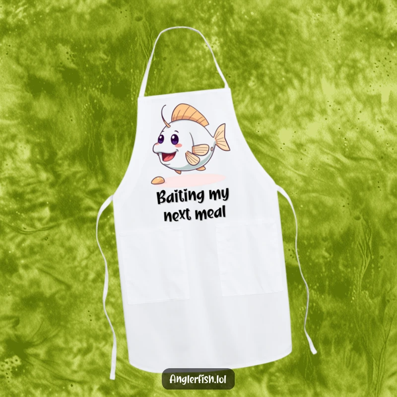 Funny cute anglerfish apron showing an excited creature wiggling its tail, perfect for a joyful cooking experience. Humorous kitchen wear, great funny gift.