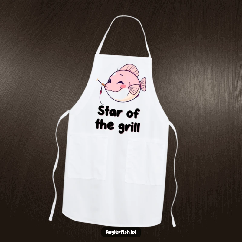 Funny kawaii anglerfish apron, winking cheekily with its lure as a spotlight while cooking, a fun and funny gift for chefs.