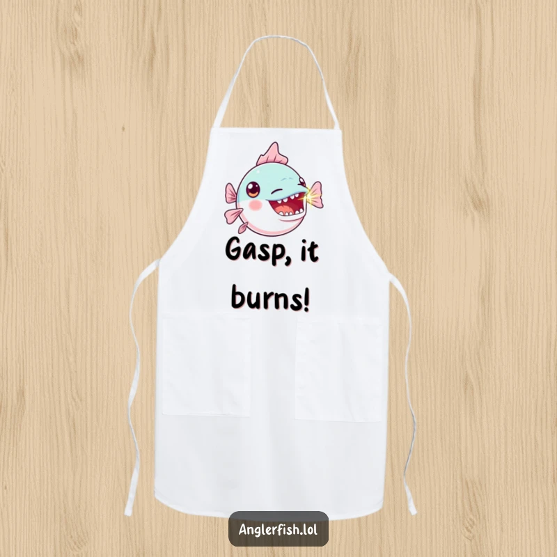 Funny Kawaii Anglerfish Apron: Durable apron featuring a cute anglerfish making an exaggerated gasp, its lure blinking brightly.