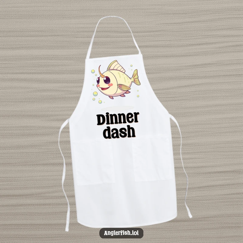 Funny Kawaii Anglerfish Apron: Durable apron featuring a cute anglerfish joyfully pursuing a trail of shimmering plankton.