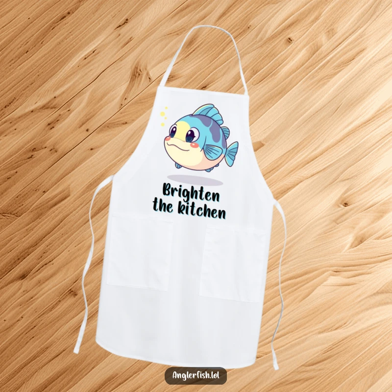 Funny kawaii anglerfish apron, surprised by its own glowing reflection while cooking, a funny gift for chefs.