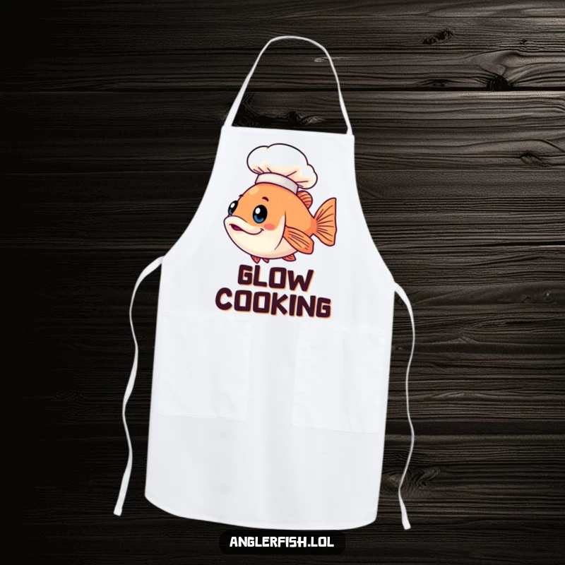 Funny Kawaii anglerfish apron featuring a cute fish wearing a tiny illuminated chef hat, perfect for cooking.