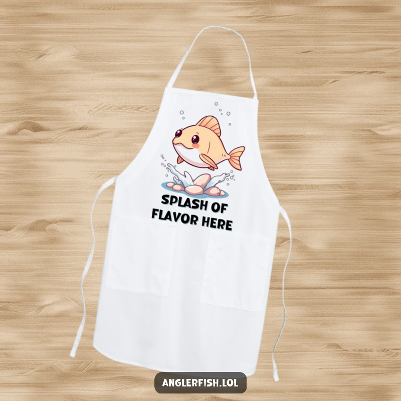 Funny Kawaii Anglerfish Apron: A kitchen apron showcasing a cute, kawaii anglerfish leaping from the water with a lively splash.