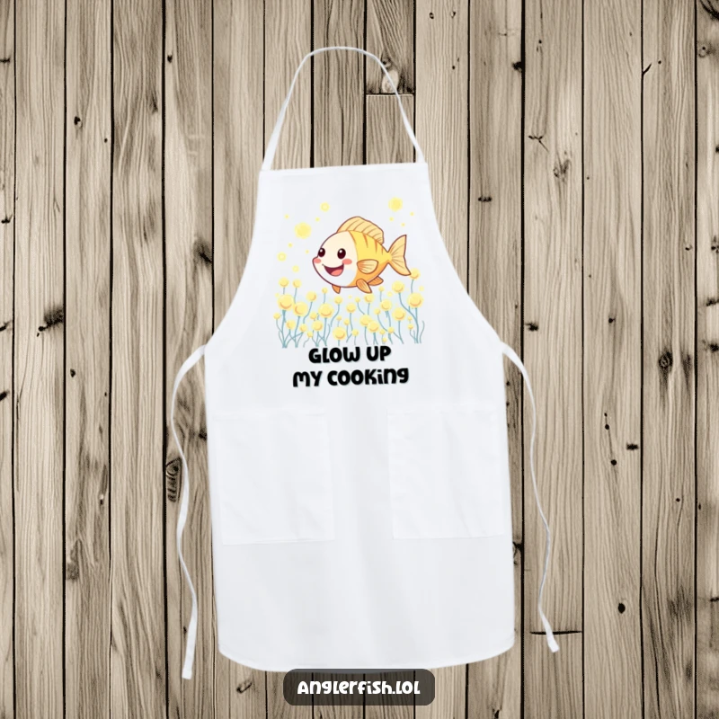 Funny Kawaii anglerfish apron featuring a cute anglerfish joyfully swimming through a field of glowing plankton.