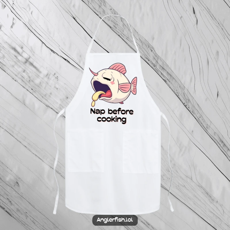Funny apron featuring a sleepy anglerfish yawning, its lure emitting a gentle, soft glow, making kitchen tasks more amusing.