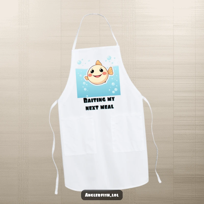 Funny cooking apron adorned with a cheerful, smiling anglerfish character swimming in bubbly, sparkling water, ready to protect against kitchen messes.