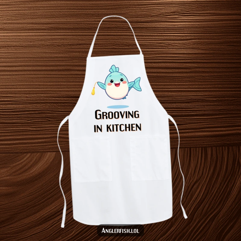 Funny kawaii anglerfish apron, doing a happy dance with its glowing lure while cooking, a fun and funny gift for chefs.