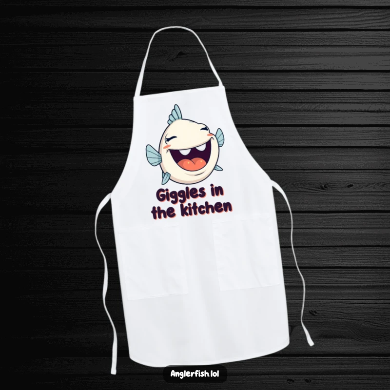 Funny anglerfish laughing with mouth wide open, on a kitchen apron, great for happy cooks.