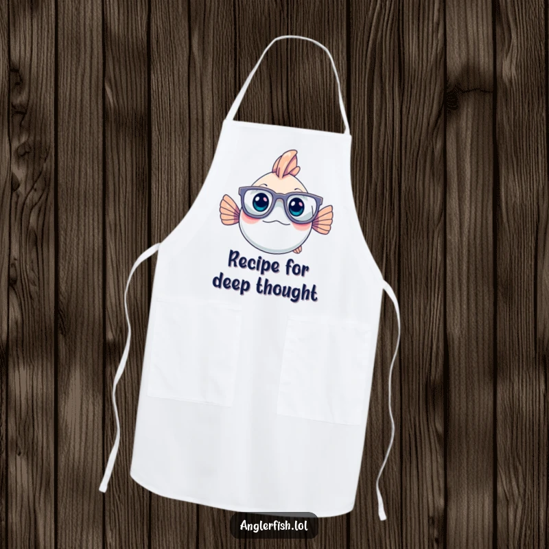 Funny anglerfish wearing smart glasses, looking thoughtful while cooking, on a kitchen apron, great for chefs.