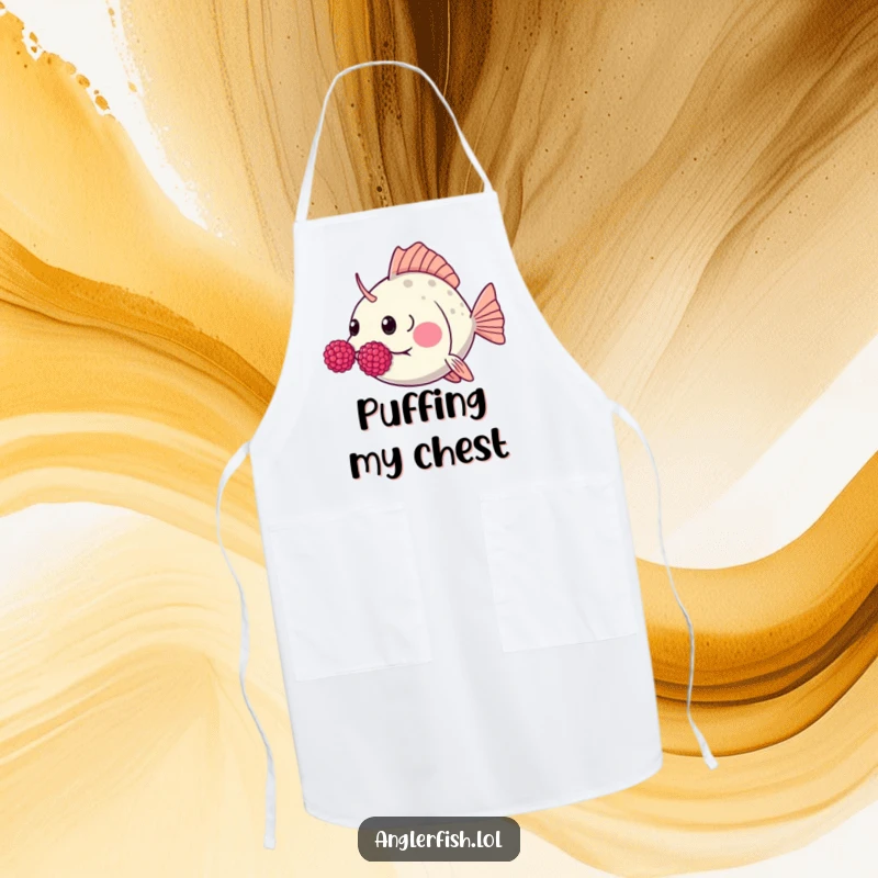 Funny Kawaii anglerfish apron featuring a cute anglerfish humorously blowing raspberries with puffed cheeks.