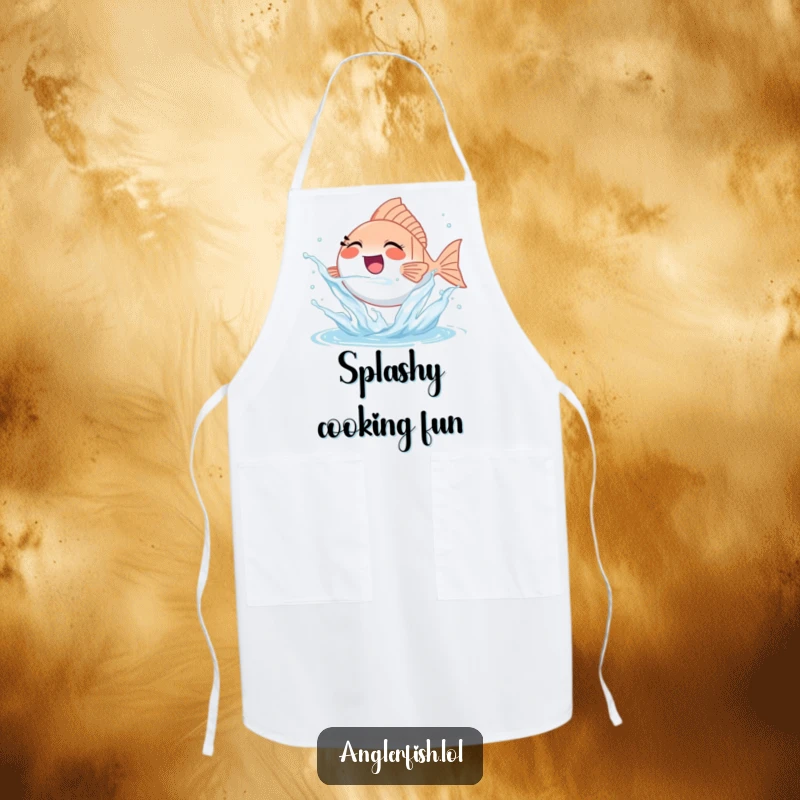 Funny tiny anglerfish apron joyfully splashing water, perfect for kitchen fun and happy cooking.