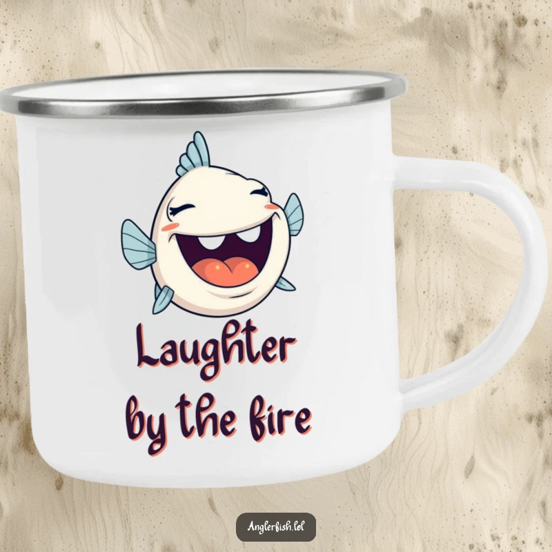 Funny anglerfish laughing heartily, mouth wide open, on a durable camping mug, ideal for outdoor fun.
