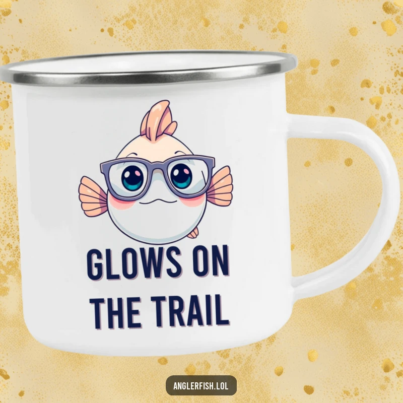 Funny anglerfish with intellectual glasses, looking thoughtful, on a durable camping mug, ideal for outdoors.