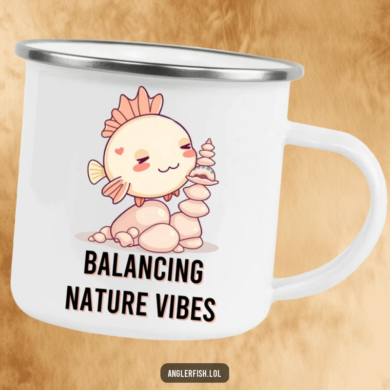 Funny Kawaii anglerfish camping mug with a cute anglerfish humorously attempting to balance seashells in a rugged setting.