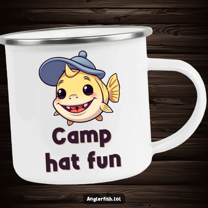 Funny anglerfish camping mug showing a creature with a silly grin wearing a comically large, goofy hat, perfect for rugged fun.