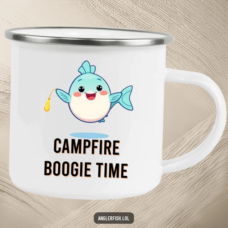 Funny kawaii anglerfish camping mug, doing a happy dance with its glowing lure, a rugged and funny gift for adventurers.