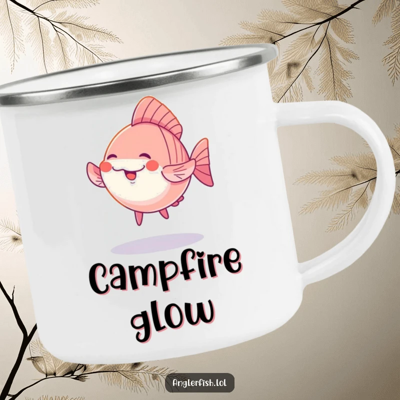 Funny Kawaii Anglerfish Camping Mug: A cute anglerfish doing a silly dance under a soft glow, perfect for enjoying drinks outdoors.