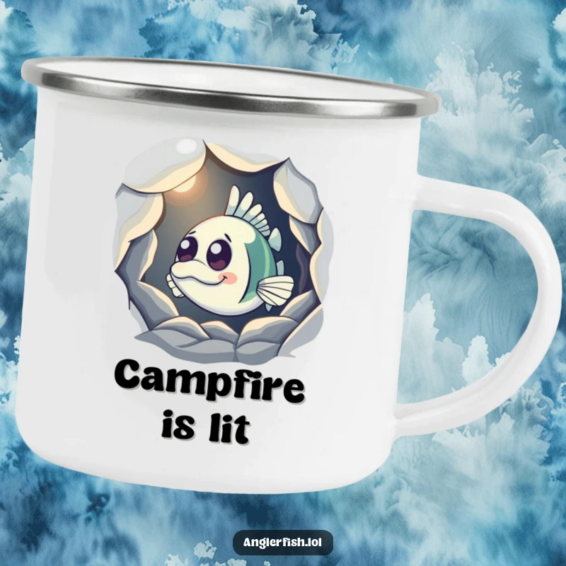 Funny Anglerfish Camping Mug depicting a curious anglerfish peeking from a shadowy cave with its light on, perfect for outdoor mystery.
