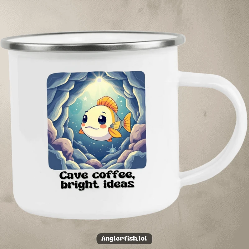 Funny camping mug featuring a curious anglerfish shining its light into a mysterious, star-filled cavern, designed for outdoor enthusiasts.
