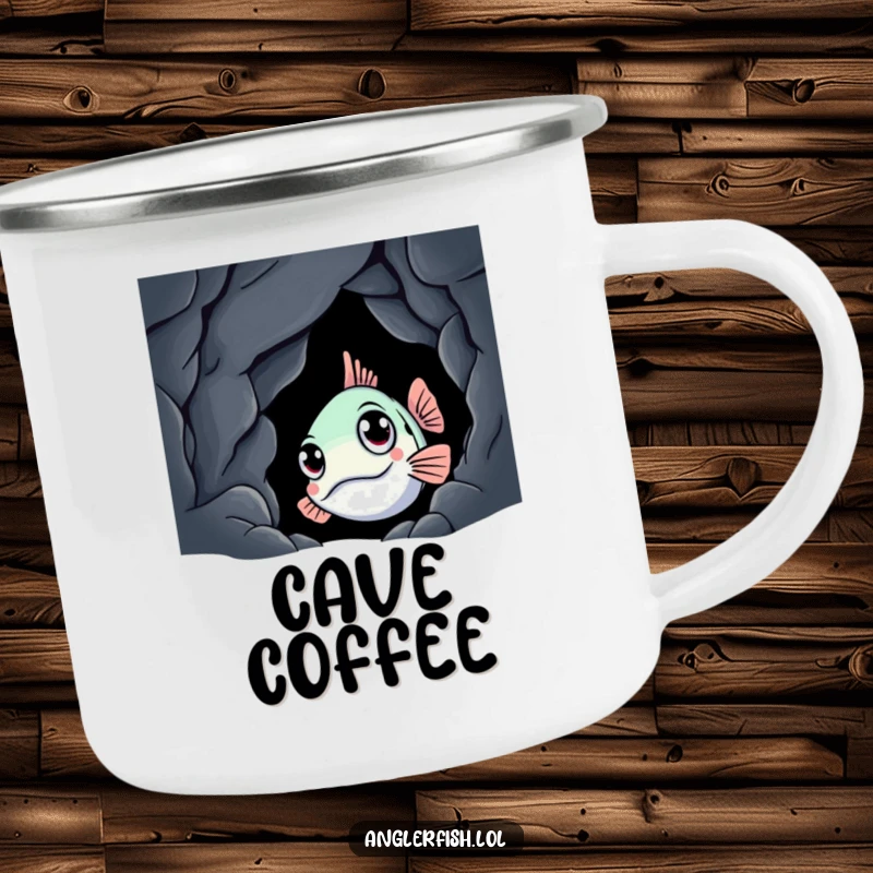 Funny anglerfish camping mug showing a curious creature peeking from a dark cave, built for the outdoors with a humorous design.
