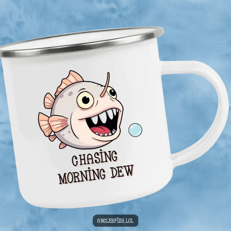 Funny anglerfish camping mug featuring a joyful mouth comically chasing a tiny bubble, bringing humor to the wild.