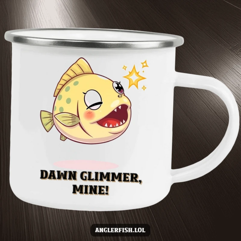 Funny anglerfish camping mug depicting a determined anglerfish lunging for a tiny sparkle.