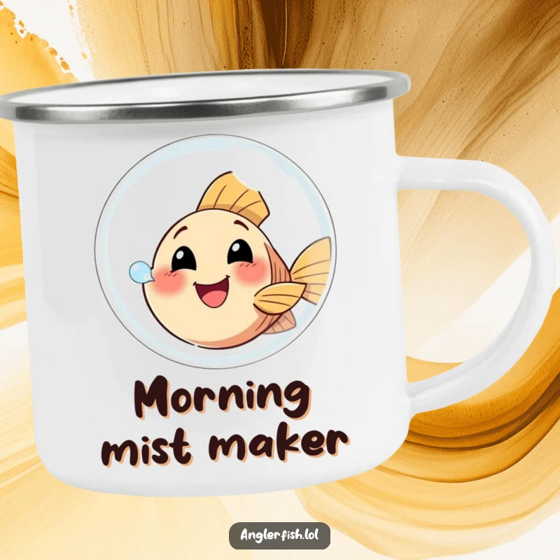 Funny Anglerfish Camping Mug depicting a happy anglerfish blowing a giant bubble, perfect for outdoor enthusiasts seeking cheerful humor.