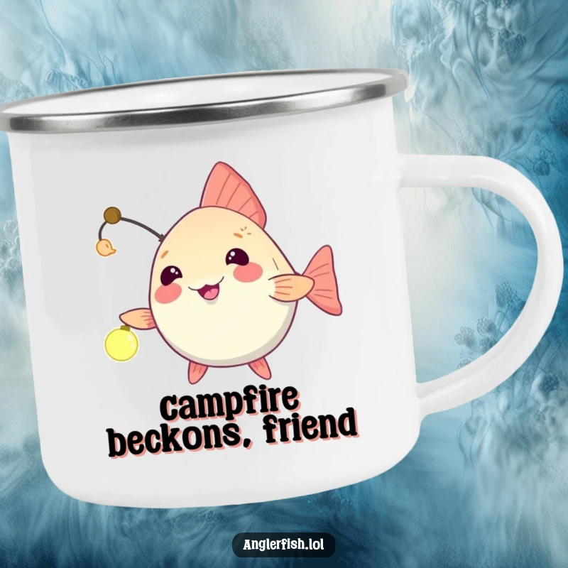 Funny anglerfish camping mug with a playful dangling lure, humorously beckoning friends closer for campfire stories.