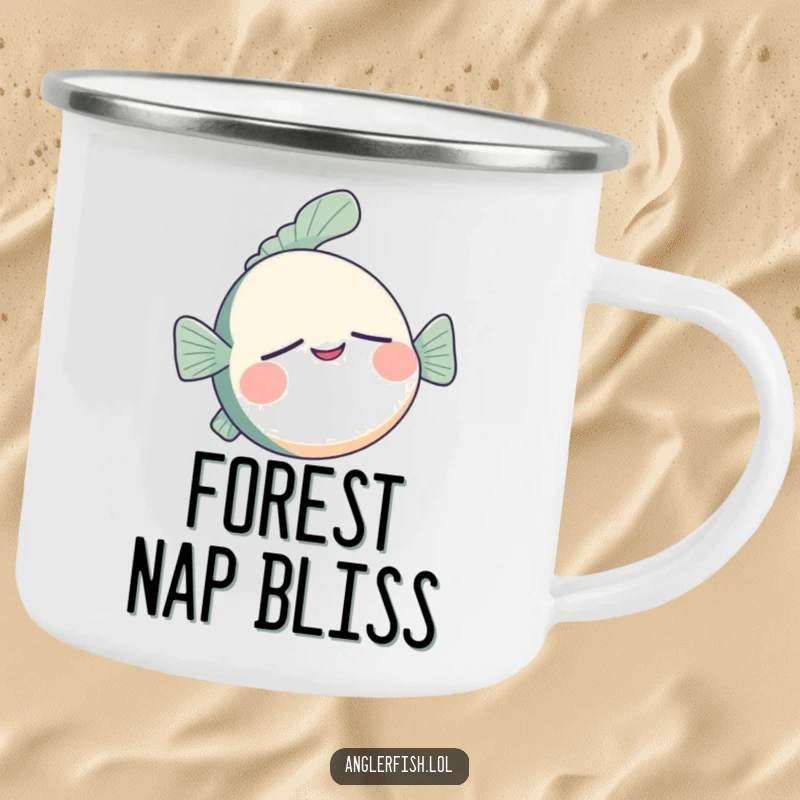 Funny anglerfish camping mug showing a sleepy anglerfish floating upside down with a contented smile, ideal for outdoor calm.