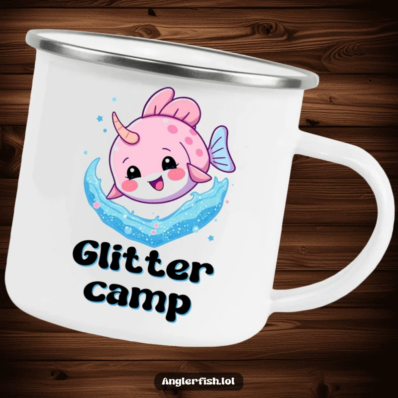 Funny Anglerfish Glitter Dive Camping Mug: An anglerfish enthusiastically diving into a swirl of glitter, ideal for outdoor enjoyment.