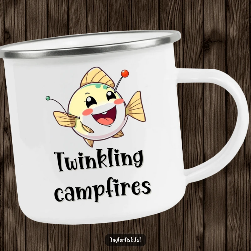 Funny anglerfish camping mug showcasing a bobbing creature with a twinkling, mischievous lure, perfect for playful outdoor adventures.