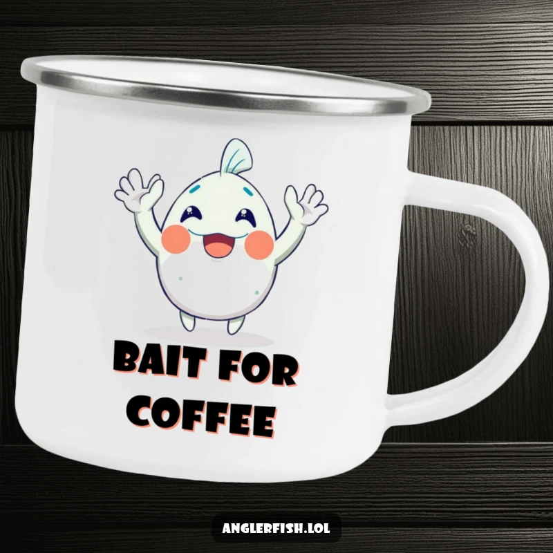 Funny Anglerfish Camping Mug: A cheerful anglerfish character enthusiastically waving both hands, ideal for campfire conversations and laughs.