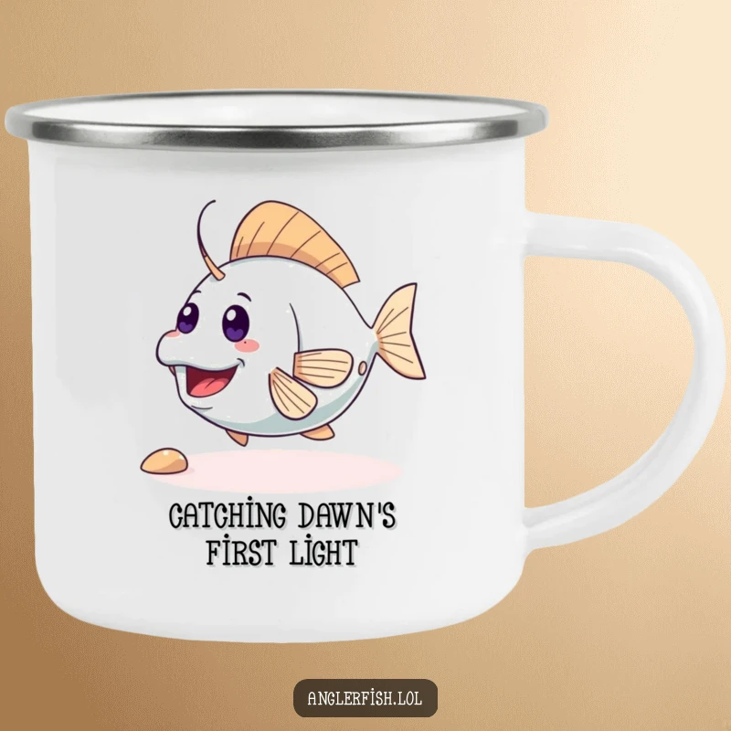 Funny cute anglerfish camping mug with an excited creature wiggling its tail, designed for outdoor fun and laughter. Durable and humorous drinkware.