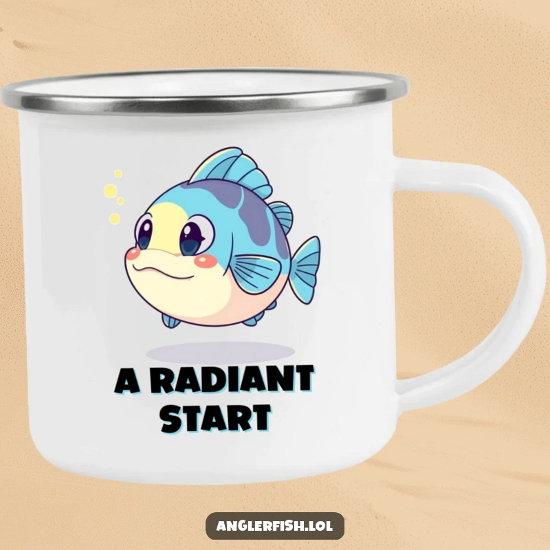 Funny kawaii anglerfish camping mug, surprised by its glowing reflection, a rugged and funny gift for adventurers.