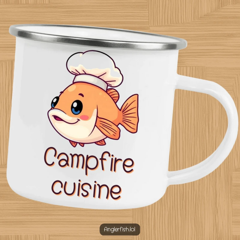 Funny Kawaii anglerfish camping mug with a cute fish wearing a tiny chef hat with light, durable for outdoors.