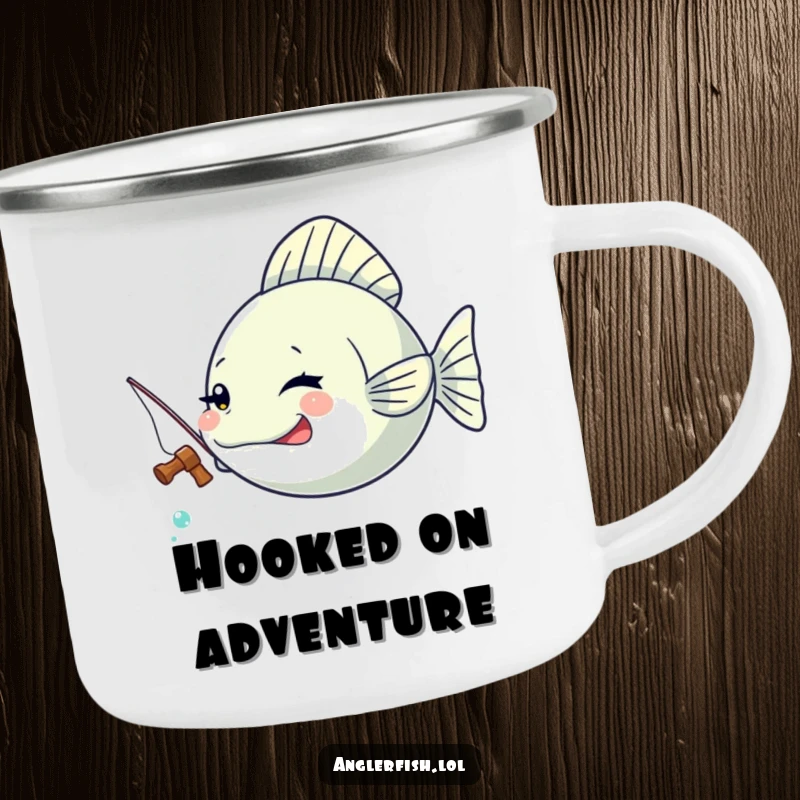 Funny Kawaii anglerfish camping mug of a cute anglerfish playfully winking while holding a tiny fishing rod.