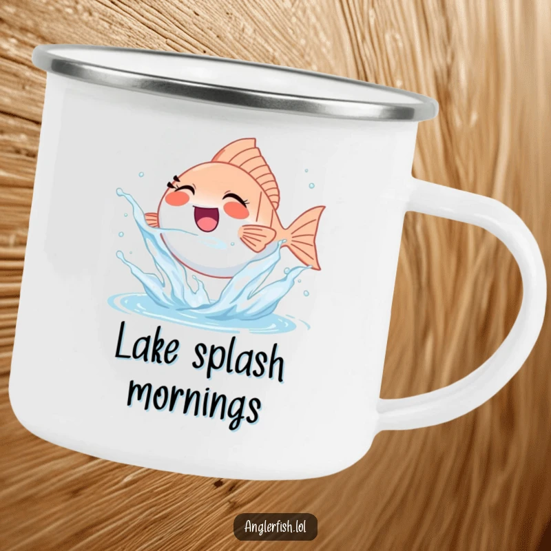 Funny tiny anglerfish camping mug happily splashing water, ideal for outdoor fun and joy.