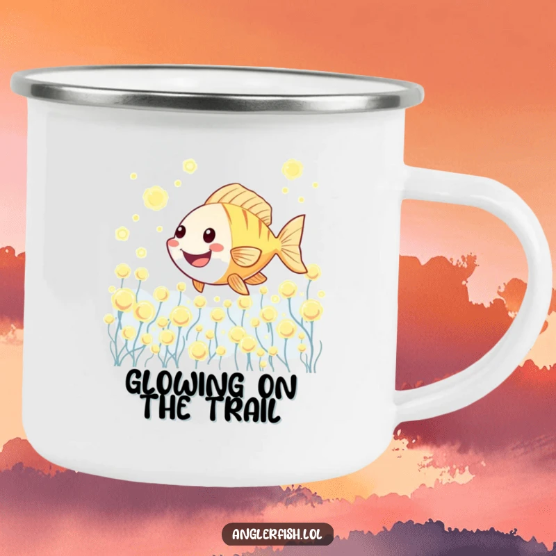 Funny Kawaii anglerfish camping mug of a cute anglerfish joyfully swimming through a field of glowing plankton.