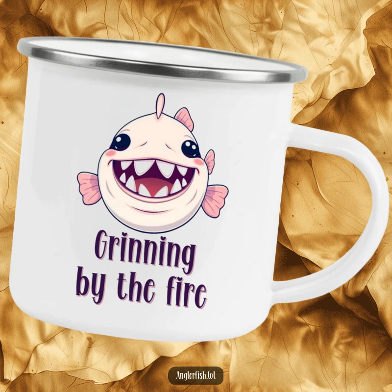 Funny Anglerfish Camping Mug: A durable mug showcasing a smiling anglerfish with a massive grin and its tiny, shiny teeth.