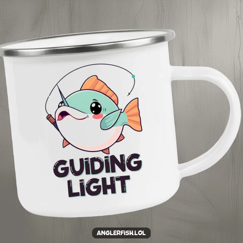 Funny Kawaii Anglerfish Camping Mug: Durable enamel mug with a cute anglerfish striking a dramatic pose, its lure held aloft.