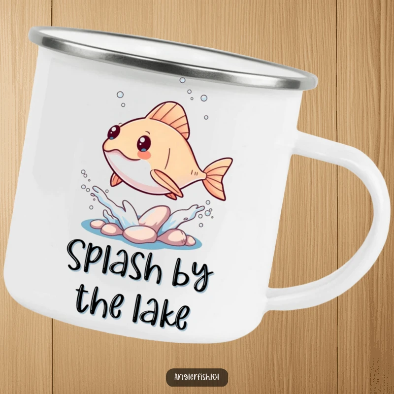 Funny Kawaii Anglerfish Camping Mug: A durable mug featuring a kawaii anglerfish leaping from the water with a lively splash.